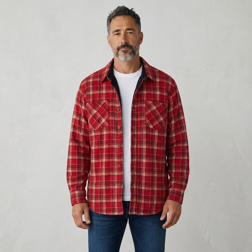Haband Mens Jacket Shacket L Red Plaid Fleece Lined Flannel Button Up Outdoor